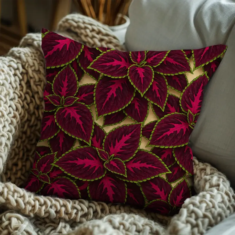 Modern floral throw pillow with Begonia Rex vibrant foliage styled on a sofa