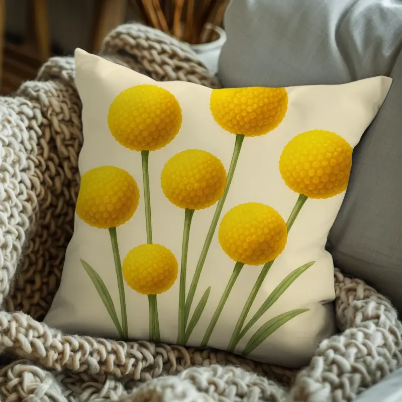 Decorative cushion featuring Billy Buttons watercolor styled on a modern sofa