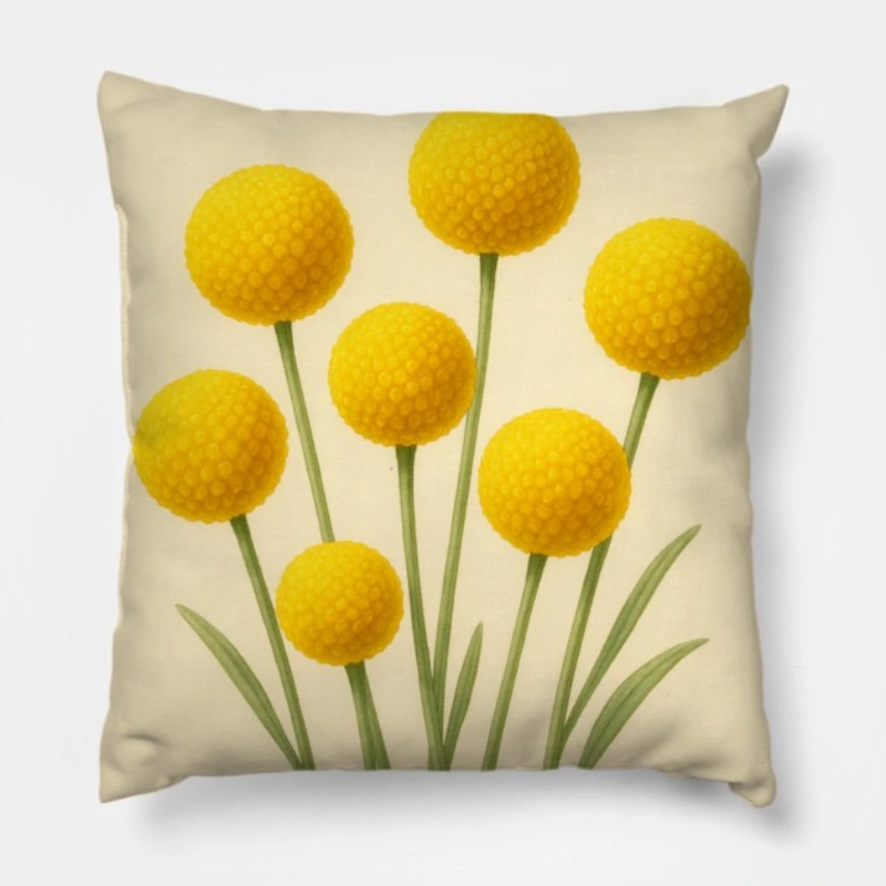 Floral throw pillow with Billy Buttons (Craspedia) watercolor design on cream background