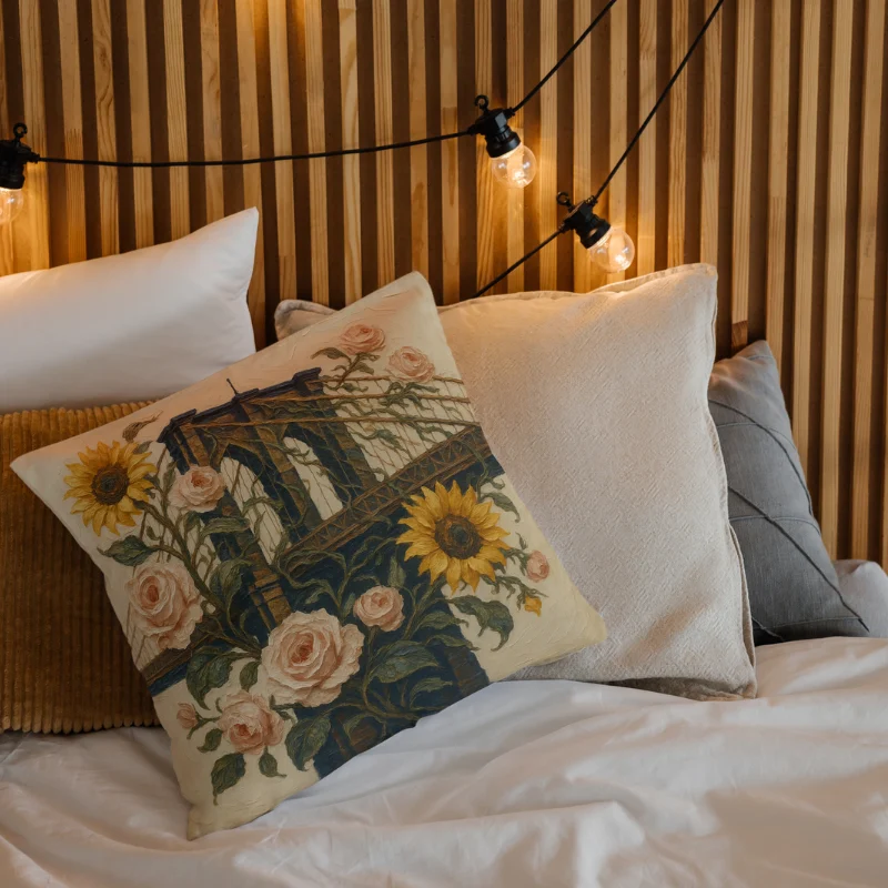 Brooklyn Bridge sunflower and rose decorative pillow styled on a modern bed
