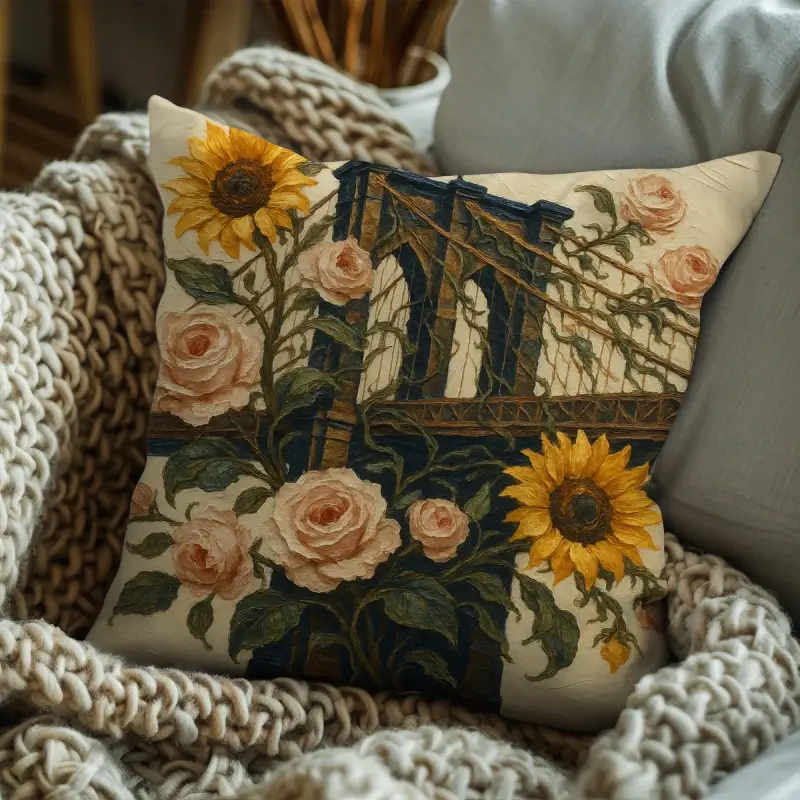 Modern floral throw pillow with Brooklyn Bridge, sunflowers, and roses styled on a sofa