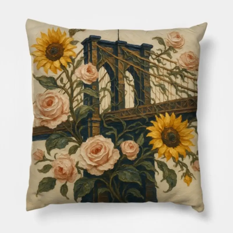 Floral throw pillow featuring Brooklyn Bridge with sunflower and rose design in modern fine-art style