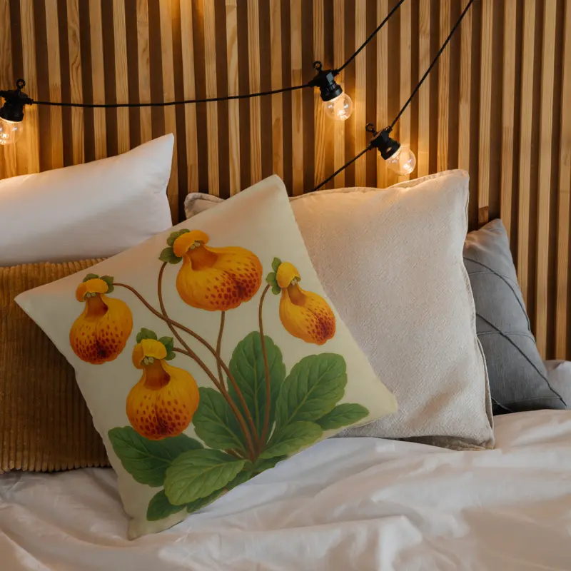 Calceolaria Uniflora floral pillow arranged on a cozy bed with layered linens