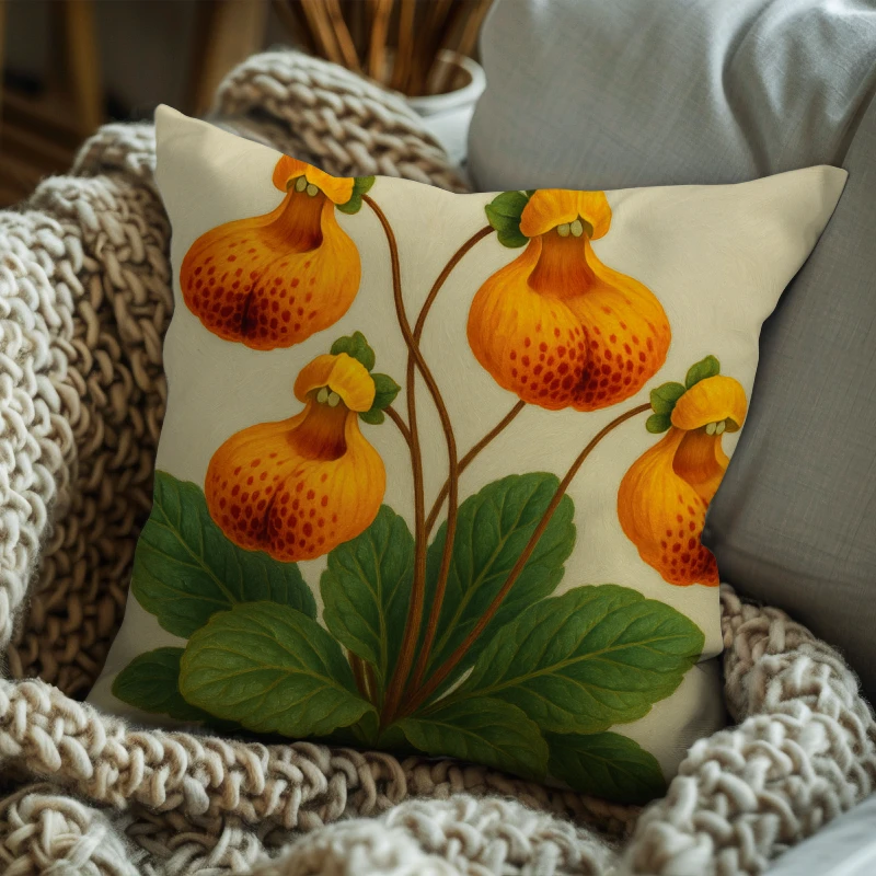Decorative floral throw pillow with Calceolaria Uniflora design styled on a modern sofa