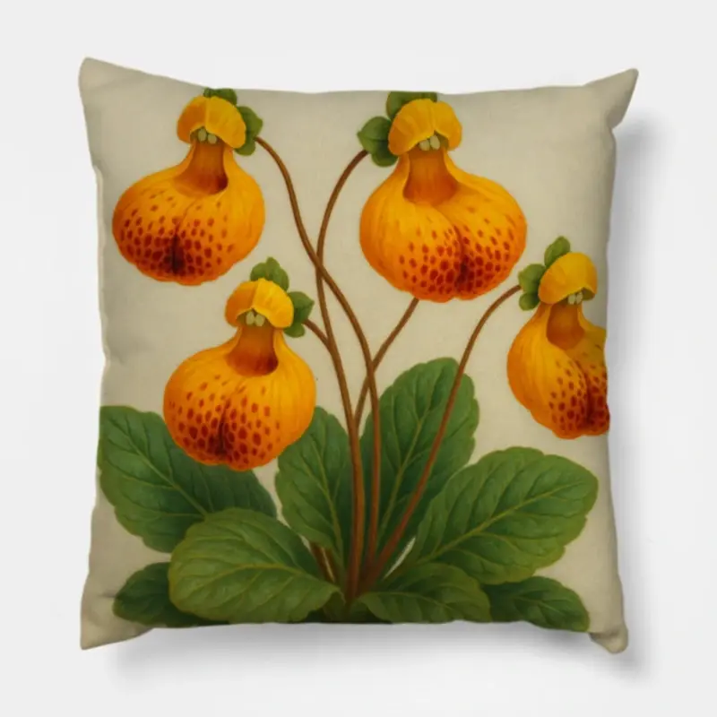 Floral throw pillow featuring Calceolaria Uniflora with vivid orange-yellow petals and maroon spots on minimalist background