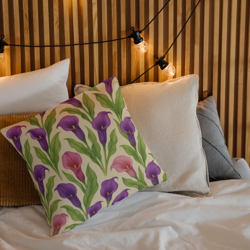 Decorative Calla Lily watercolor floral throw pillow layered on a bed with cozy linens