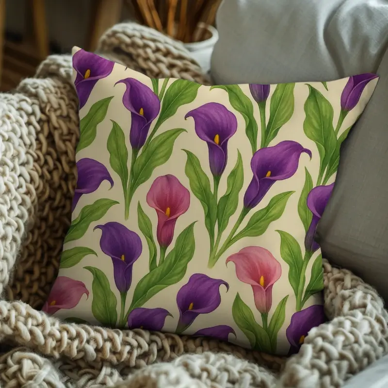 Calla Lily watercolor floral throw pillow styled on a sofa with elegant decor
