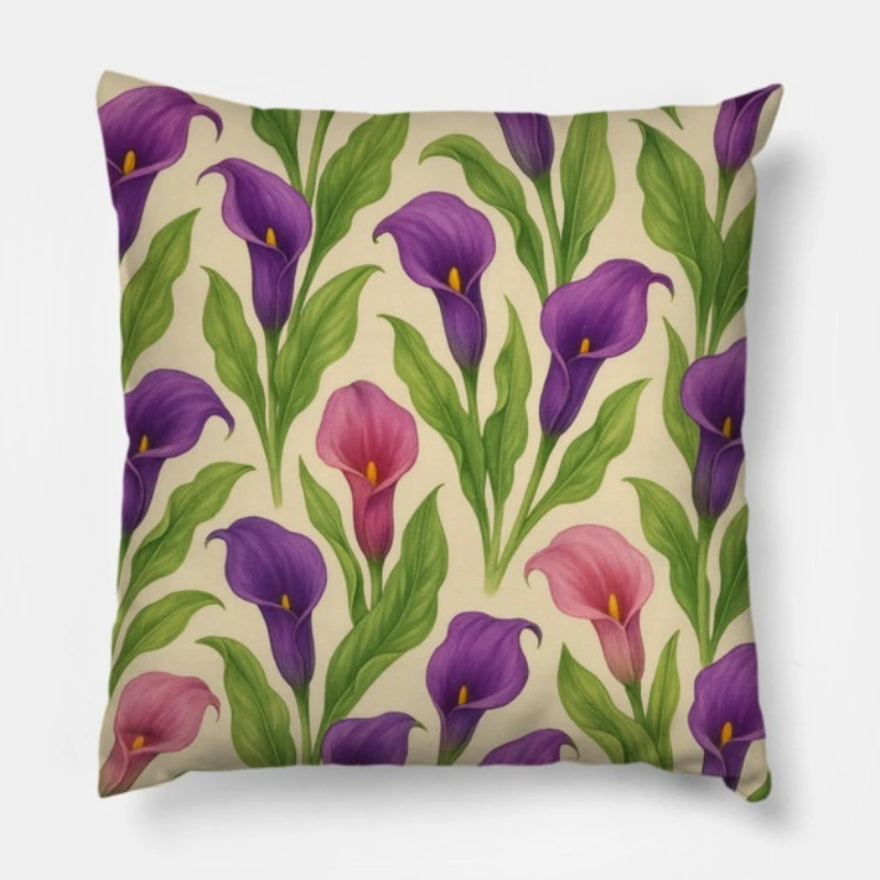 Floral throw pillow with Calla Lily watercolor design in purple, plum, and lavender