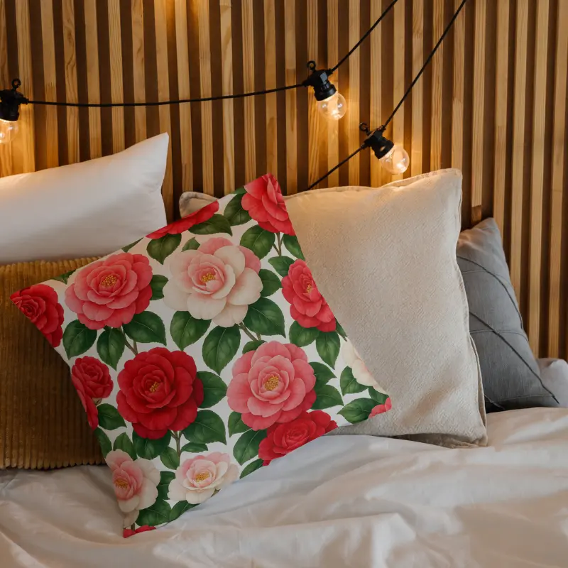 Seamless Camellia Japonica floral throw pillow styled on a luxury bed with elegant interior decor