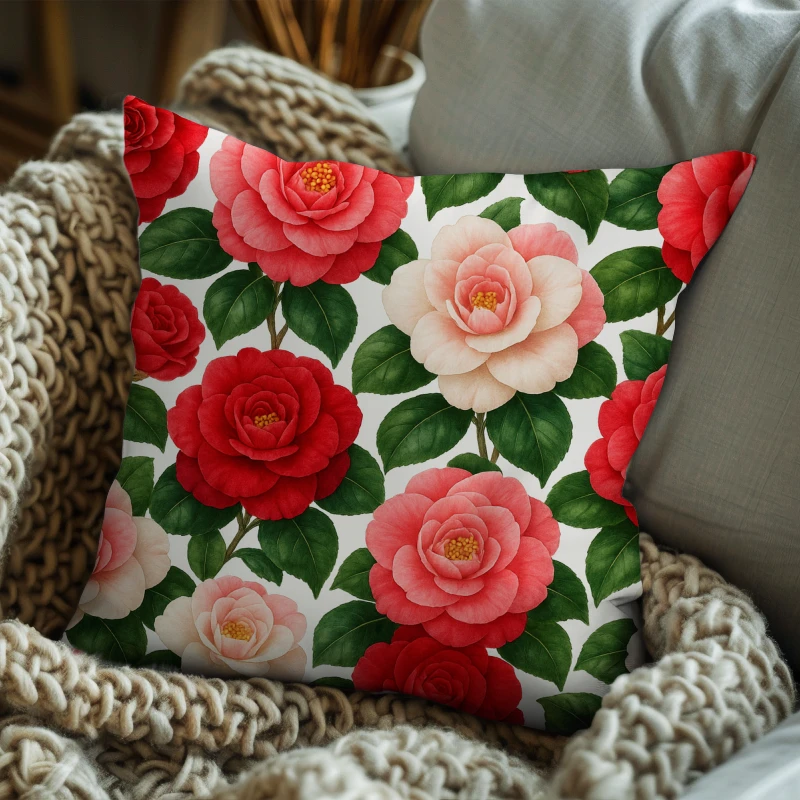 Decorative cushion featuring seamless Camellia Japonica watercolor on sofa