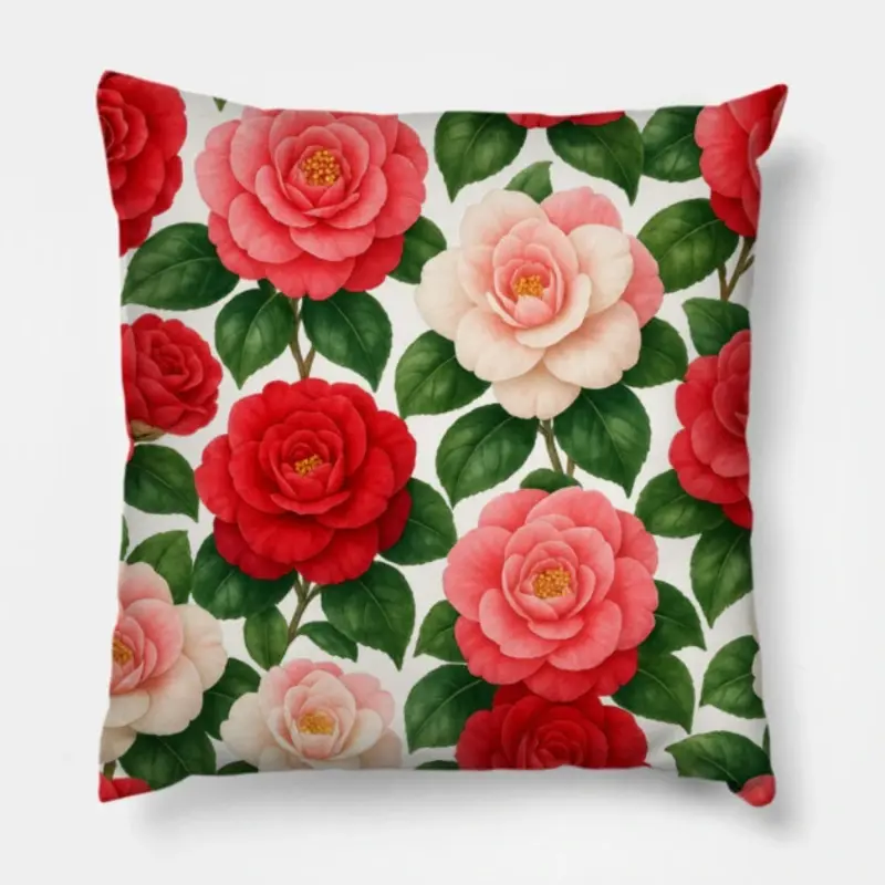Floral throw pillow with seamless Camellia Japonica botanical design in pink, red