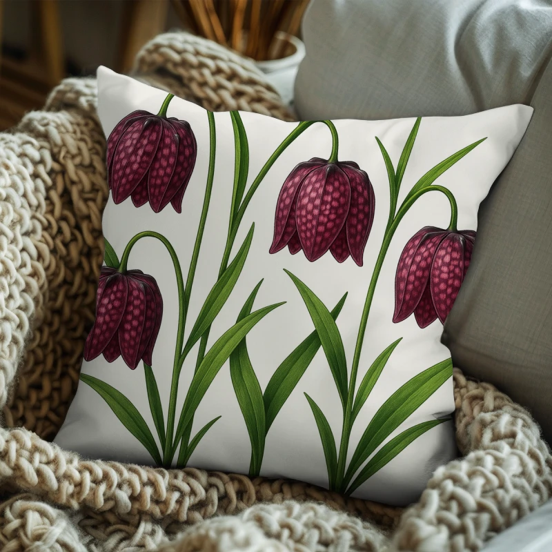 Decorative cushion featuring Checkered Lily floral art styled on a modern sofa