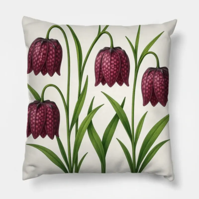 Floral throw pillow with Fritillaria meleagris Checkered Lily botanical design on white background