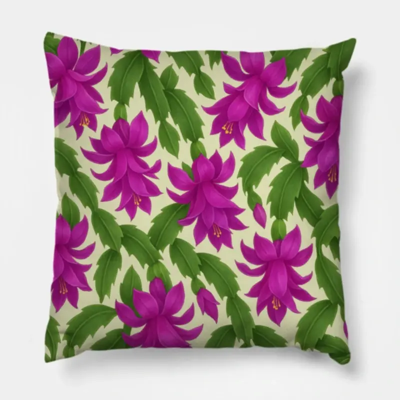 Floral throw pillow with Christmas Cactus blossoms in vivid fuchsia purple and magenta with deep green leaves