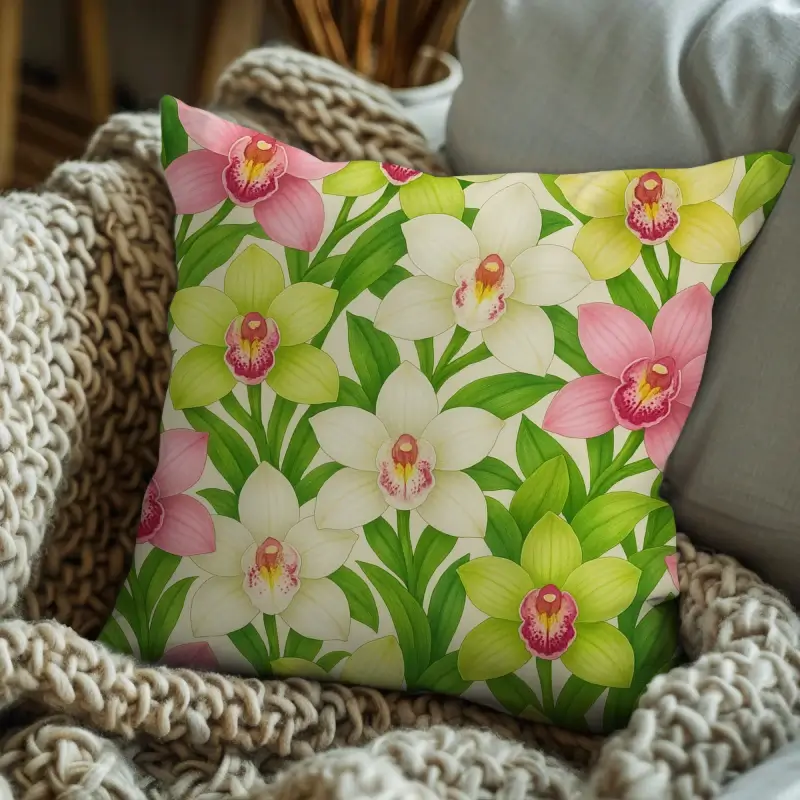 Cymbidium orchid floral throw pillow styled on a sofa with soft pastel décor