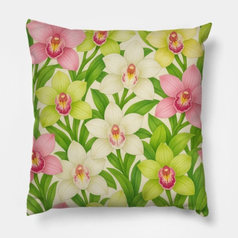 Floral throw pillow with cymbidium orchid botanical design in pastel tones on ivory background