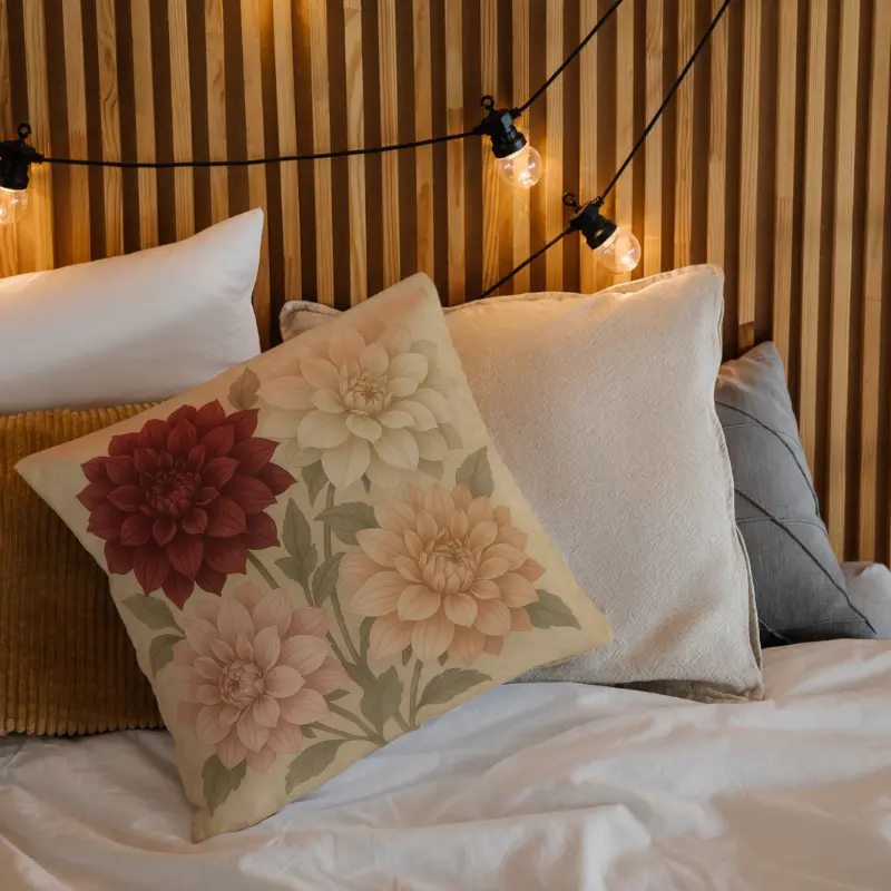 floral throw pillow with burgundy, dusty rose, and cream dahlia flowers