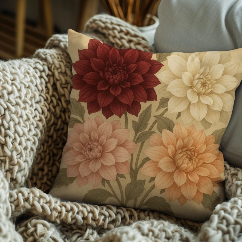 Luxurious vintage dahlia floral throw pillow styled on a sofa