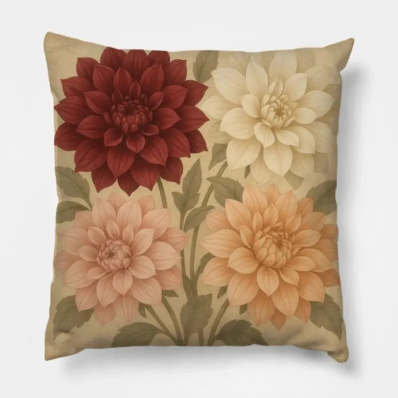 Vintage floral throw pillow with burgundy, dusty rose, and cream dahlia flowers