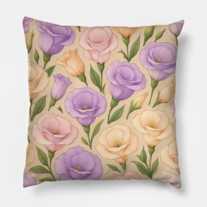 Floral throw pillow with Eustoma (Lisianthus) in lilac, blush, ivory, and peach on beige