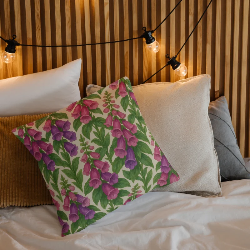 Decorative foxglove watercolor floral throw pillow on a cozy layered bed