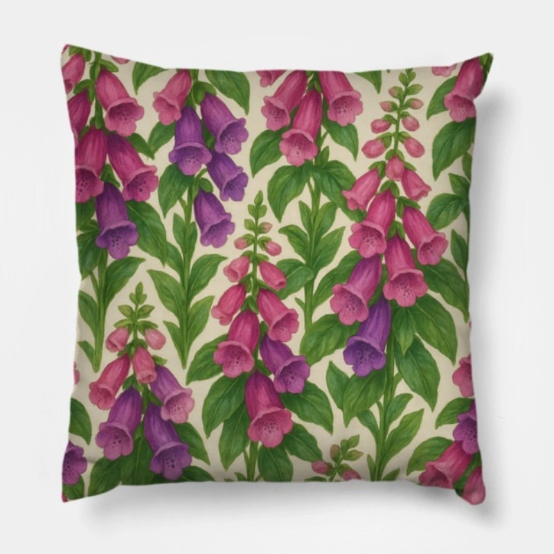 Floral throw pillow with foxglove watercolor botanical design on cream background