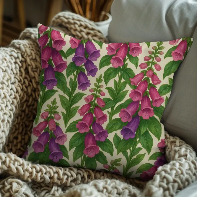 Foxglove floral throw pillow styled on a modern sofa with soft blush accents