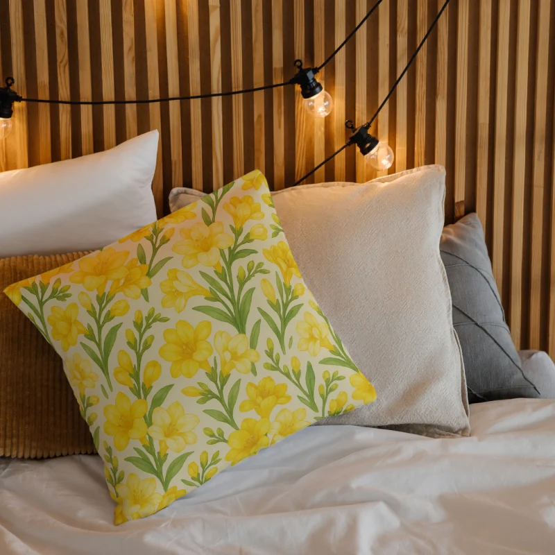Decorative freesia watercolor floral throw pillow on a cozy layered bed