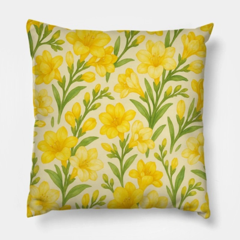 Floral throw pillow with freesia watercolor botanical design on cream background