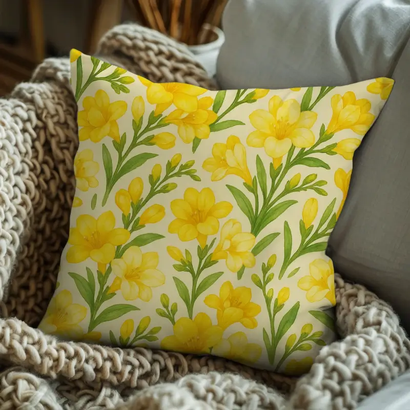 Freesia floral throw pillow styled on a modern sofa with yellow accents