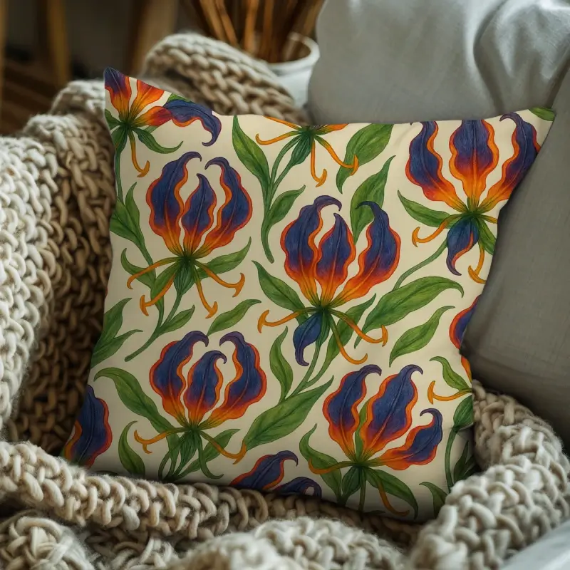 Gloriosa superba floral throw pillow styled on a sofa with soft lavender décor