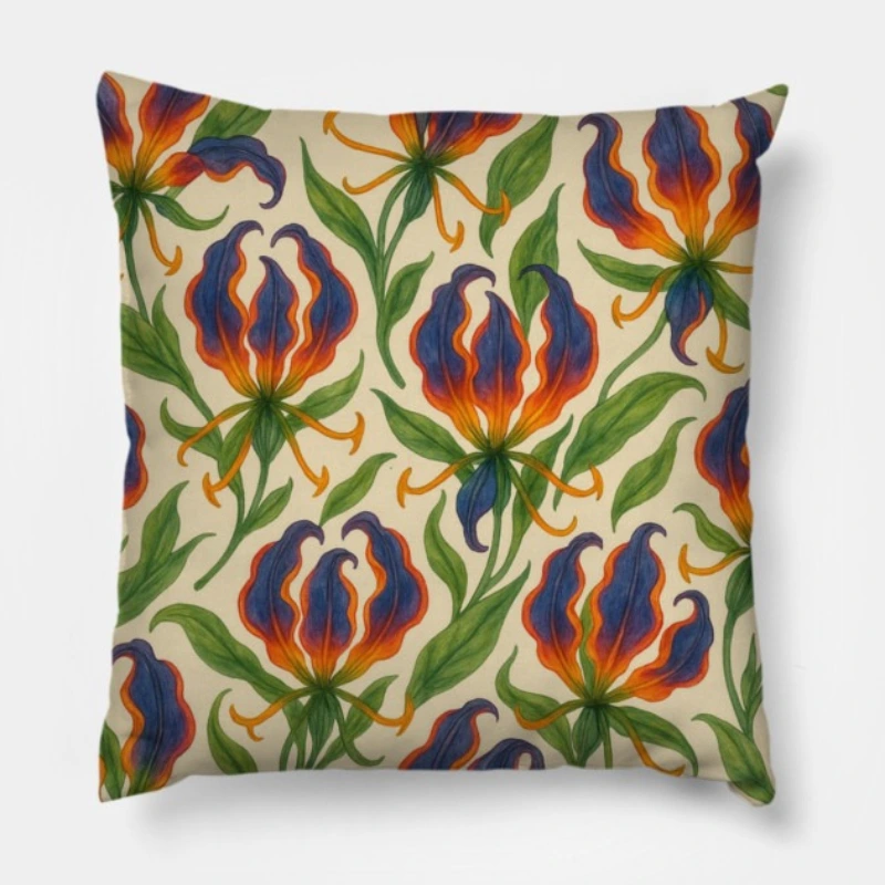 Floral throw pillow with gloriosa superba botanical watercolor gouache design on pastel ivory background