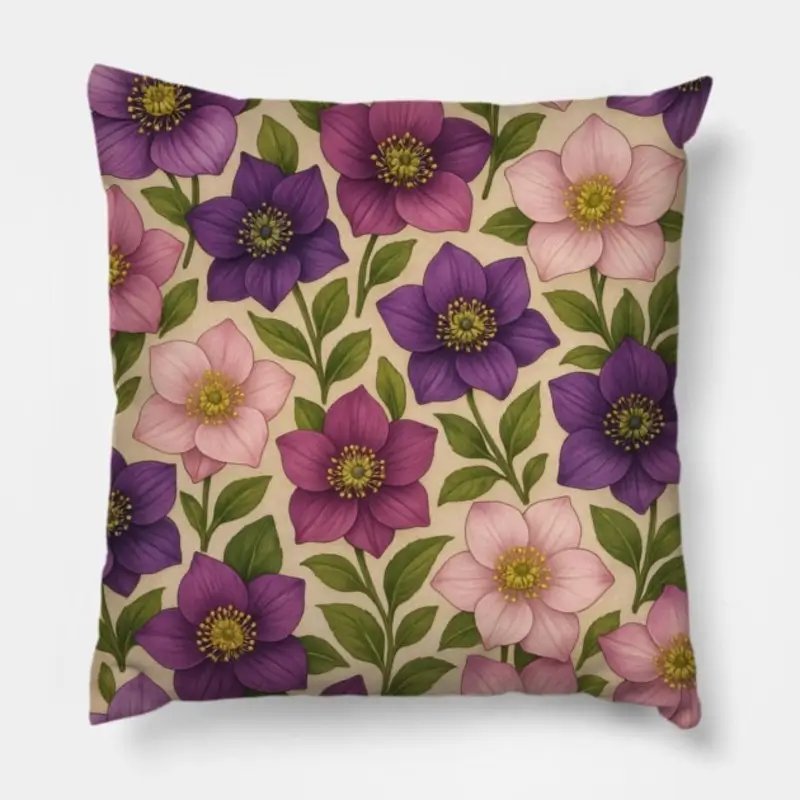 Floral throw pillow with Hellebore flowers in lilac, plum, and blush on warm beige