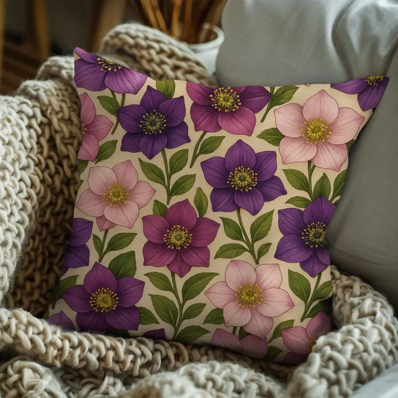 Hellebore floral cushion styled on a soft neutral sofa