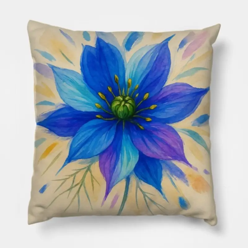 Floral throw pillow with abstract Nigella watercolor bloom in blue, turquoise, and lilac on creamy beige