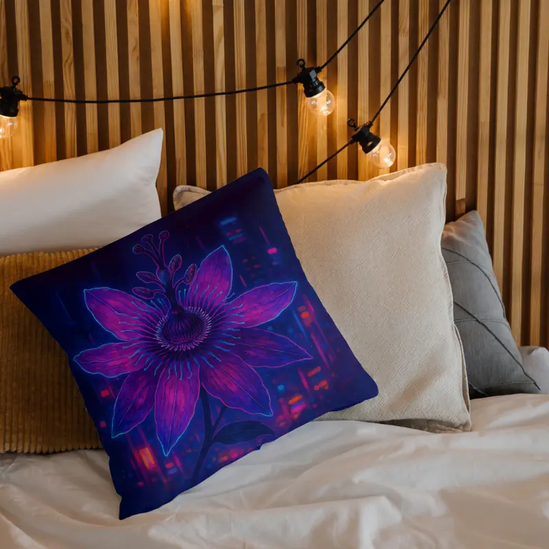 Passiflora neon floral throw pillow on bed adding bold purple accent to bedroom decor