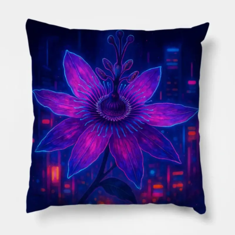 Floral throw pillow with neon passiflora in vivid magenta and purple against city lights