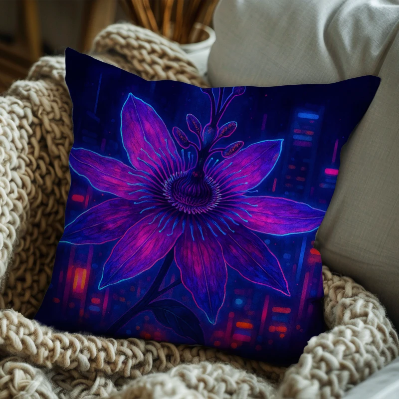 Neon passiflora floral throw pillow styled on a dark modern sofa with urban decor