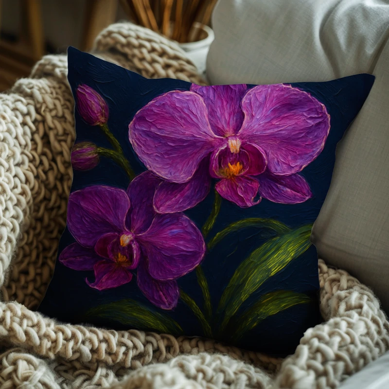 Modern abstract floral throw pillow with purple orchid impasto art styled on a navy sofa with minimal decor