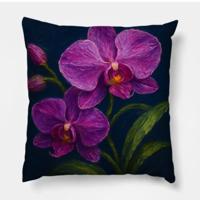 Floral throw pillow with purple orchid oil impasto abstract painting on white background