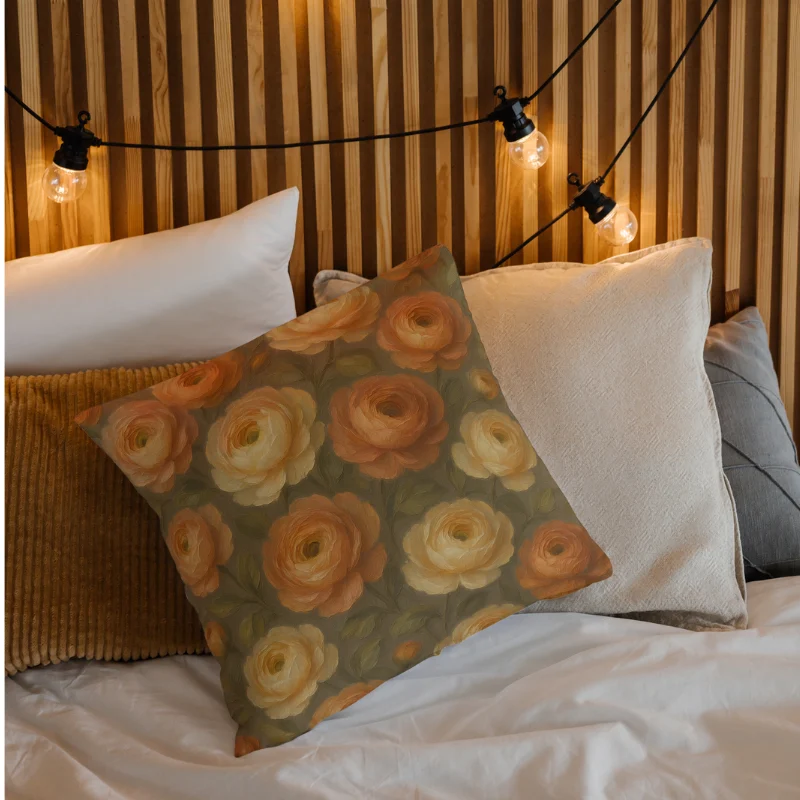 Abstract oil floral throw pillow with ranunculus design on a luxury bed with layered decor