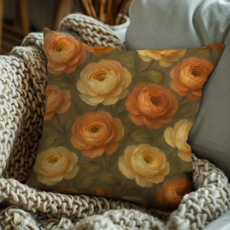 Luxury floral throw pillow with ranunculus abstract oil design styled on modern grey sofa