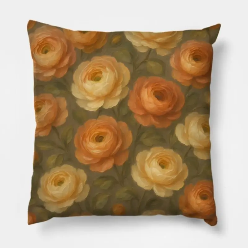 Floral throw pillow with ranunculus abstract oil painting pattern in blush pink, ivory, and terracotta