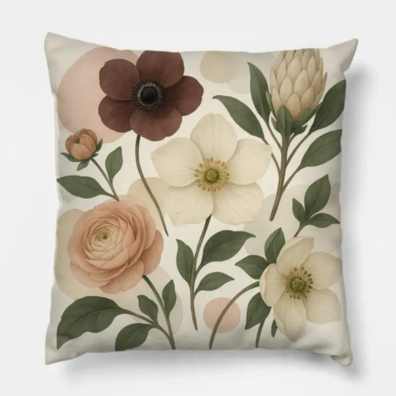 Vintage floral pillow with ranunculus, anemone, and protea