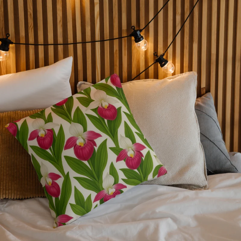 Seamless Showy Lady’s Slipper orchid botanical floral throw pillow styled on a luxury bed