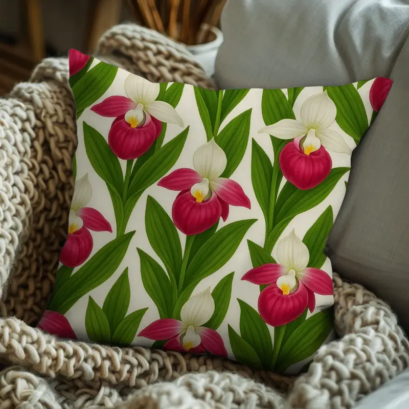 Decorative cushion featuring seamless Showy Lady’s Slipper orchid floral pattern styled on a sofa