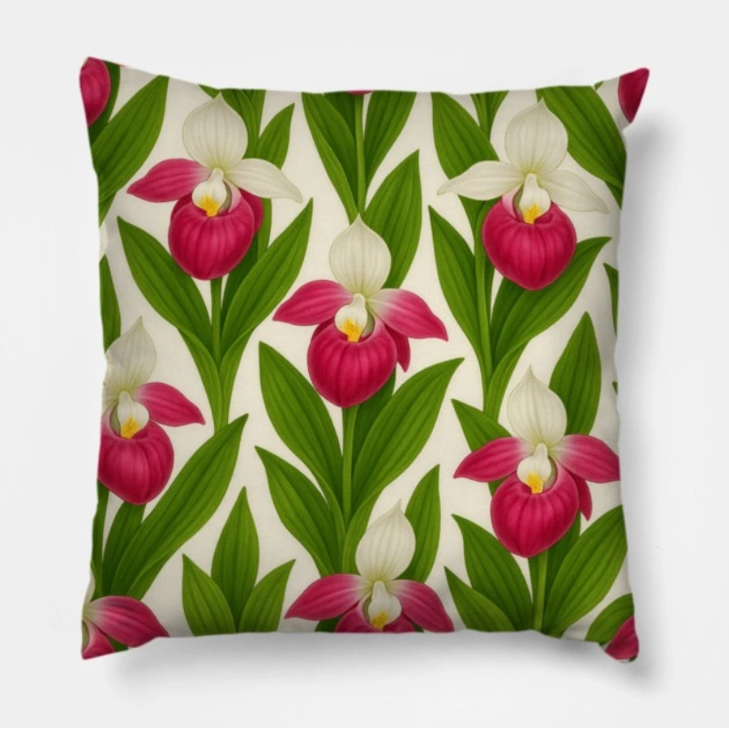 Floral throw pillow with seamless Showy Lady’s Slipper orchid botanical design in pink and white on bright background