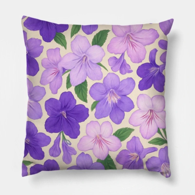 Floral throw pillow featuring Streptocarpus Cape Primrose blossoms in violet, lavender, and pink shades with green leaves