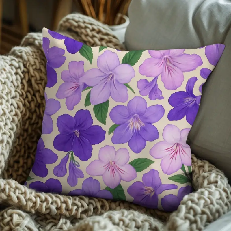 Decorative cushion with Streptocarpus Cape Primrose floral pattern styled on a sofa for elegant living room decor