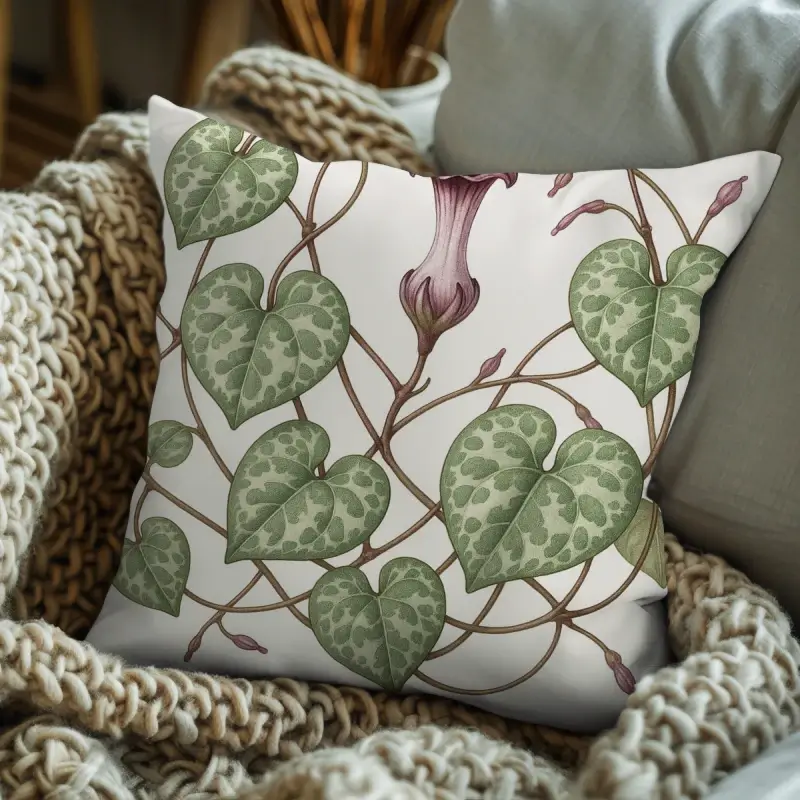 Decorative cushion with String of Hearts floral illustration styled on a modern sofa for living room decor